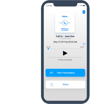 NoNotes call recording playback on mobile with transcription option