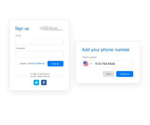 NoNotes web sign up and phone number registration