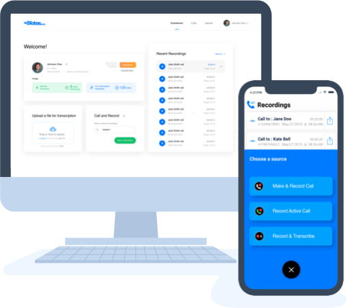 NoNotes desktop dashboard and mobile app showing call recordings